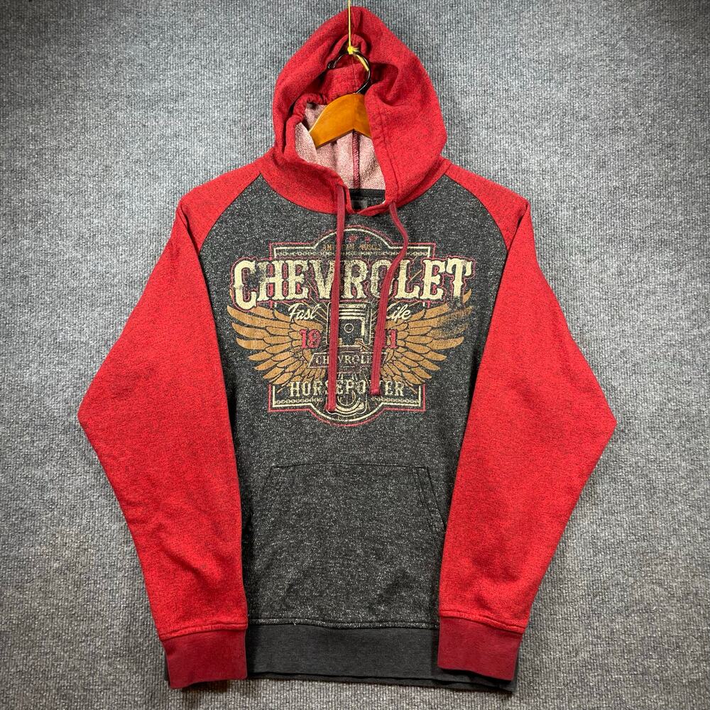 GM Chevrolet Hoodie Adult Medium 38/40 Distressed Gray/Red Drawstring Muscle Car